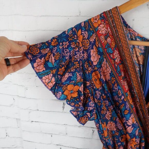 ORANGE PINK & BLUE FLORAL FLUTTER SLEEVE  V LIGHTWEIGHT NECK MAXI DRESS SIZE S - Picture 5 of 9